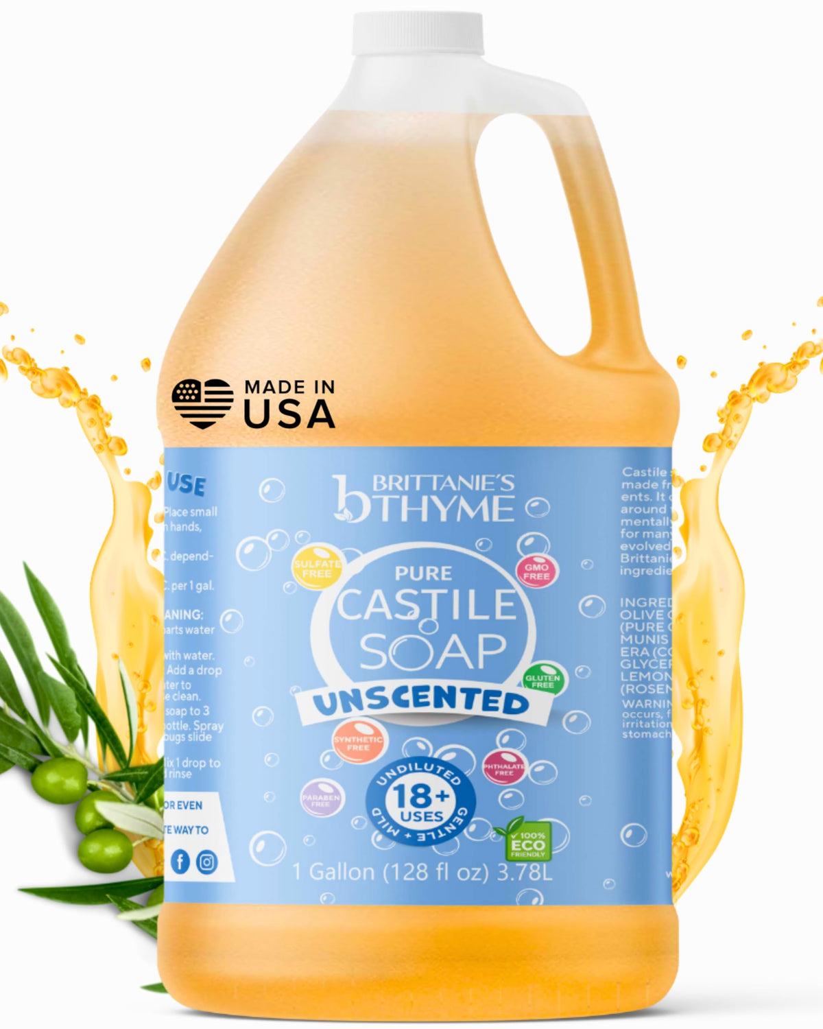 Brittanie's Thyme gallon front label showing unscented refill and benefits