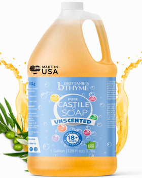 Brittanie's Thyme gallon front label showing unscented refill and benefits