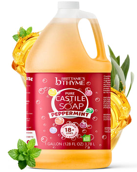 Brittanie's Thyme gallon bottle front label showing peppermint and organic certification benefits