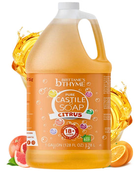 Brittanie's Thyme gallon bottle front label showing organic Citrus castile benefits