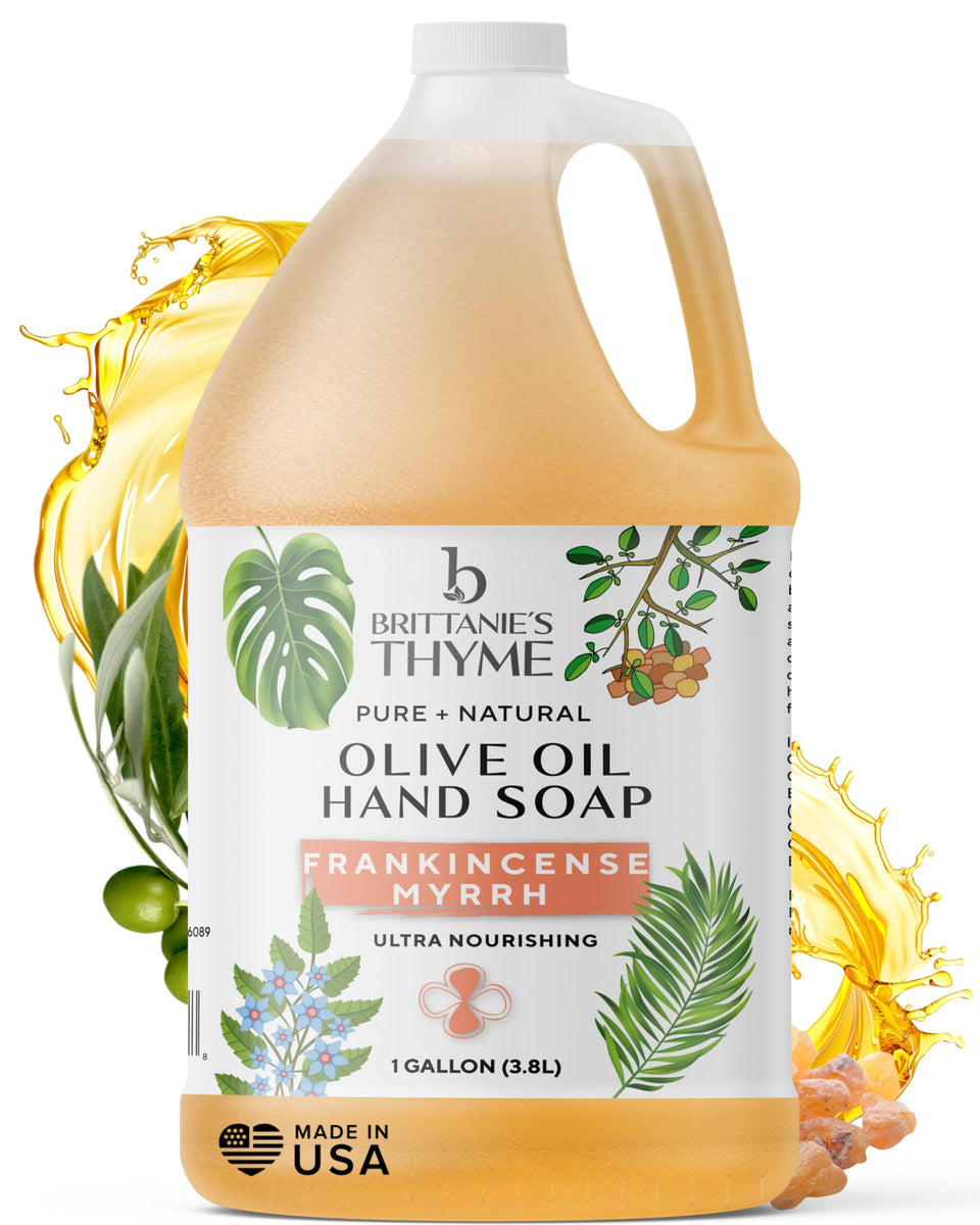 brittanie's thyme gallon front label showing organic Castile soap benefits