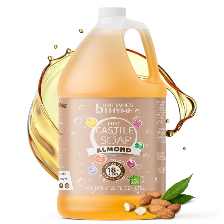 Brittanie's Thyme front label on gallon showing product benefits and almond scent
