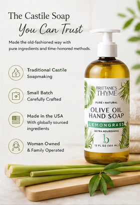 Brittanie's Thyme olive and coconut oils arranged to show natural ingredient benefits