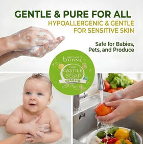 Brittanie's Thyme thick lather on hand demonstrating moisturizing cleanse