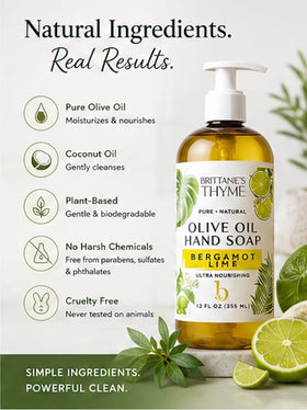 Brittanie's Thyme three refill bottles with readable labels promoting small-batch quality