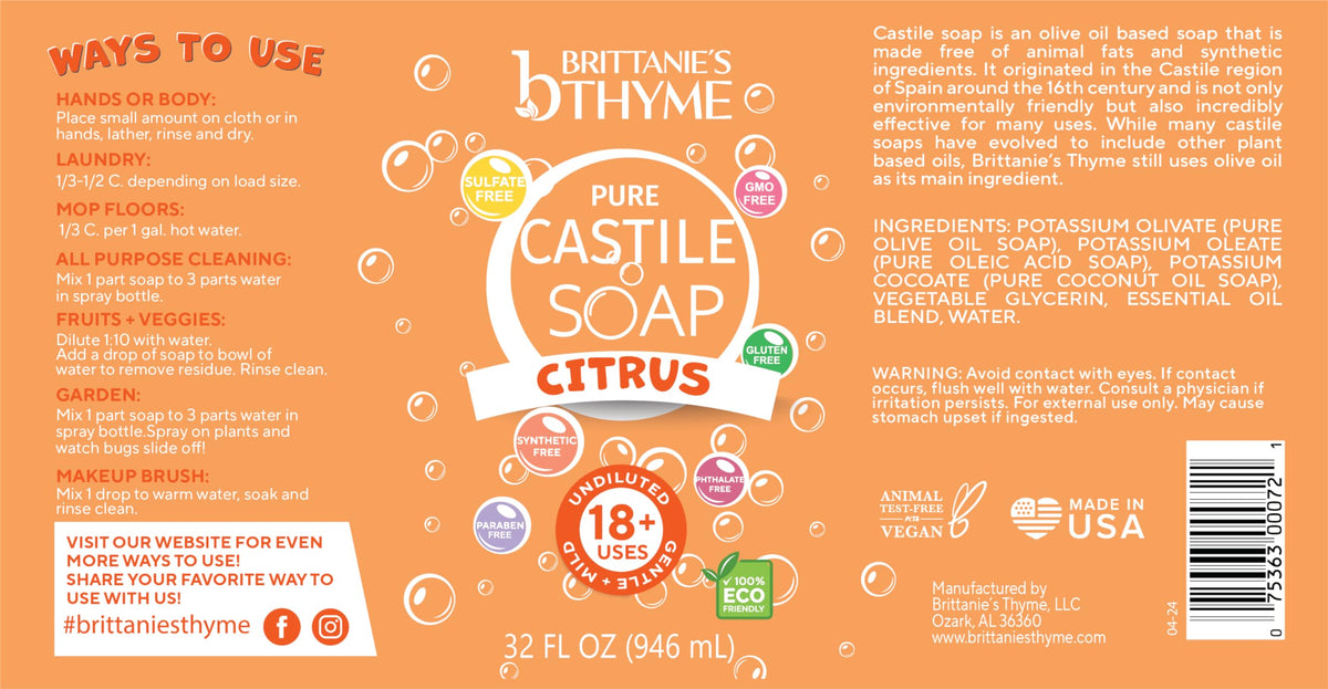 Brittanie's Thyme used in shower producing gentle lather for soft skin