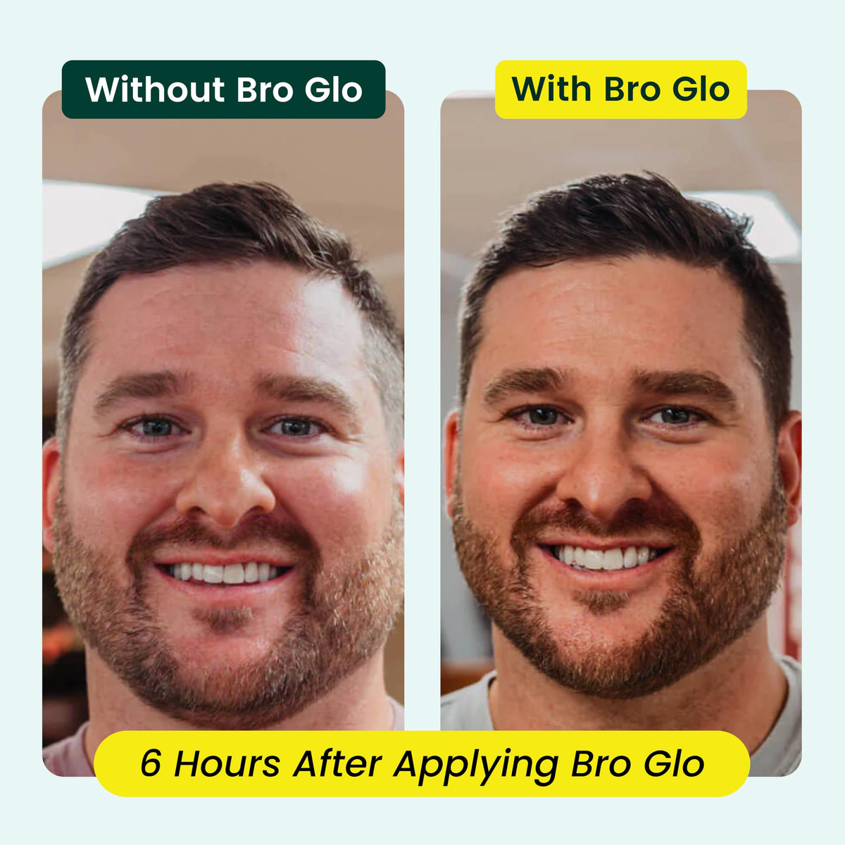 bro glo face before and after showing natural bronze without orange benefit
