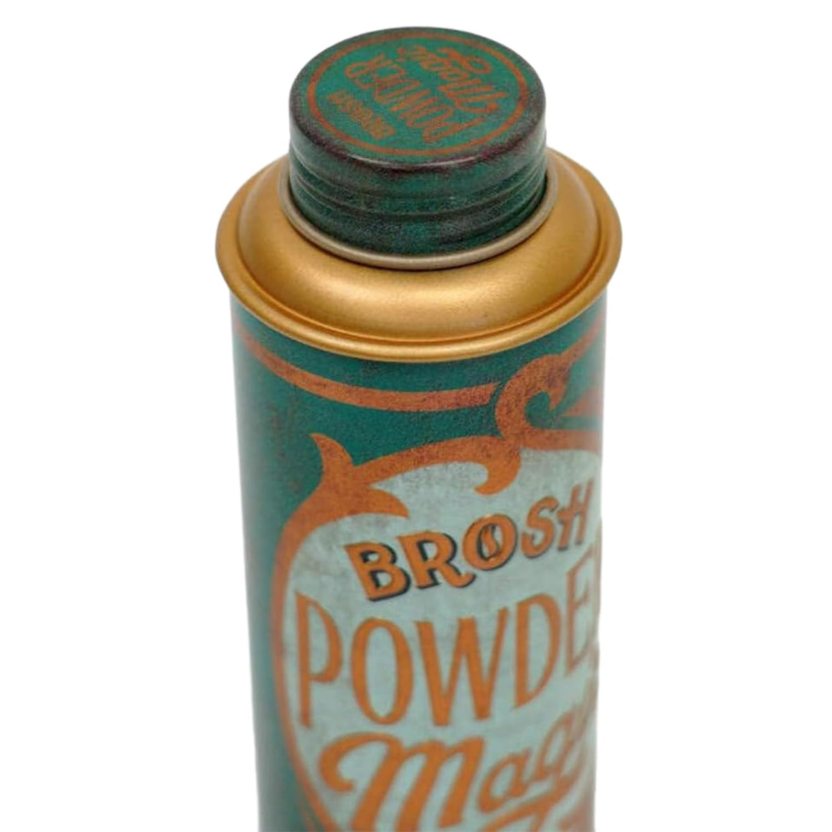 BROSH open tin top view revealing fine powder texture for easy fingertip application