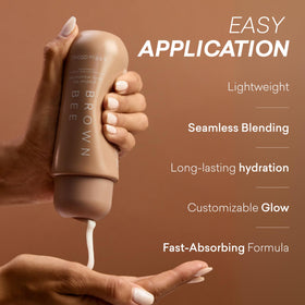 Brown Bee application mitt spreading lotion evenly for streak-free, buildable tan