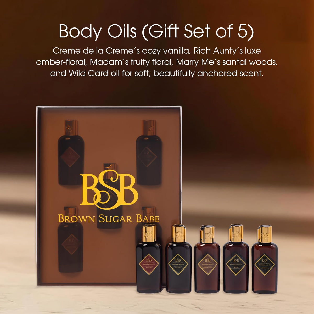Brown Sugar Babe five oils lined up to show scent variety and easy layering benefit