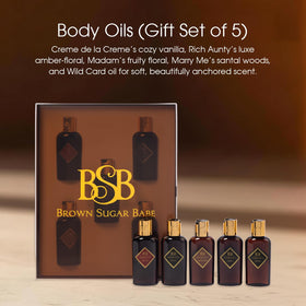 Brown Sugar Babe five oils lined up to show scent variety and easy layering benefit