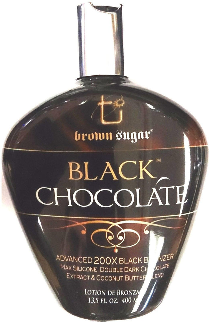 Brown Sugar Black Chocolate front bottle showing label and 13.5 oz size for rich bronzing