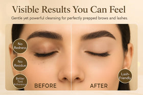 Brows Xpert bottle staged in bathroom lifestyle scene for at-home grooming convenience
