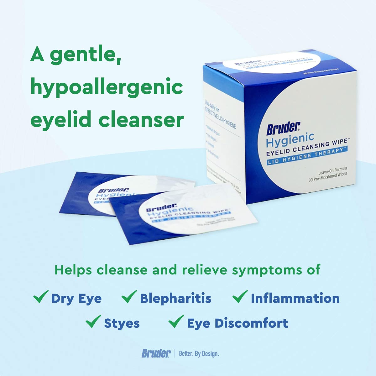 bruder demonstrating wipe use on closed eyelid for gentle cleansing benefit