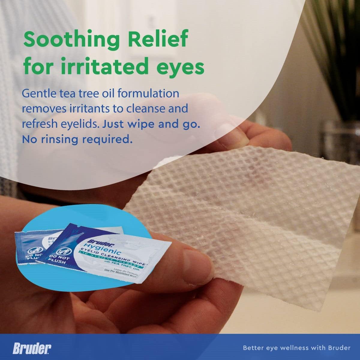 bruder wipe being used on closed eyelid demonstrating convenient cleaning benefit