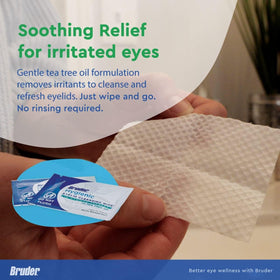 bruder wipe being used on closed eyelid demonstrating convenient cleaning benefit