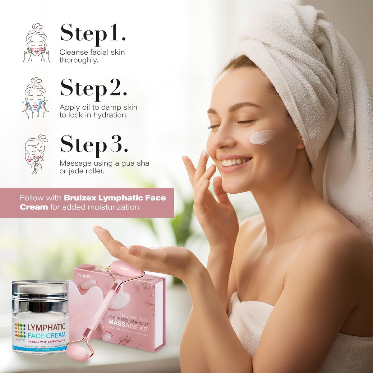 Bruizex paired with jade roller demonstrating even coverage and hydration