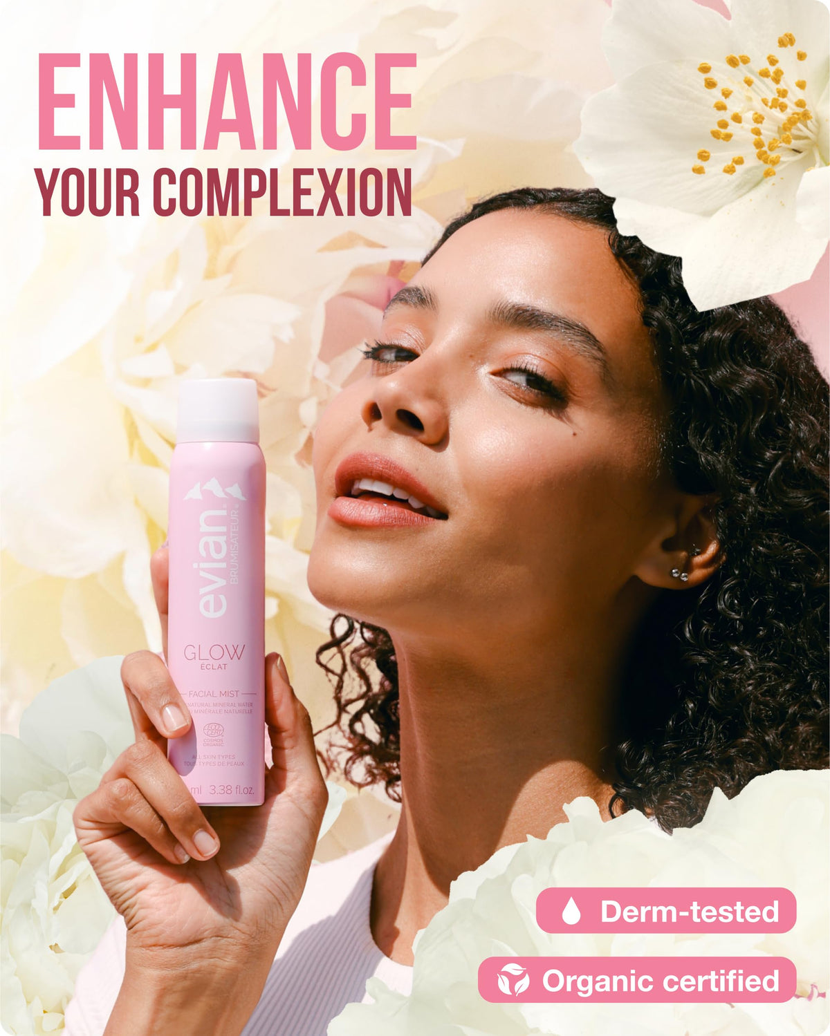 BRUMISATEUR Evian Glow close-up label highlighting natural-origin ingredients