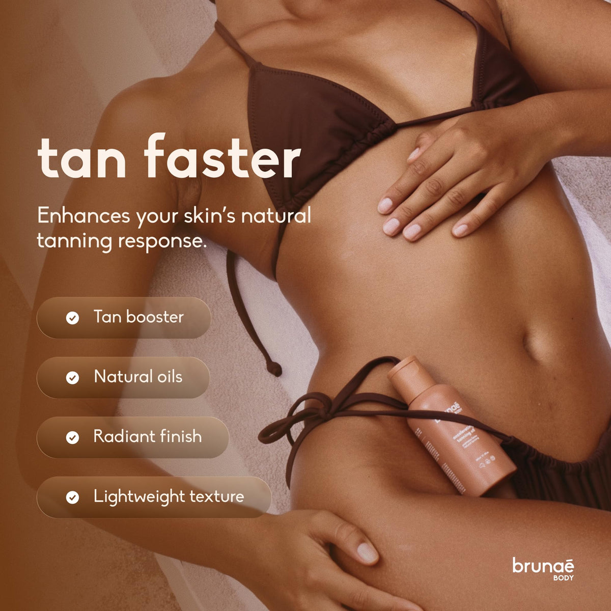 Brunae Body bottle close-up label highlighting natural oils and tanning-focused formula benefits