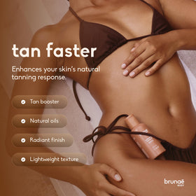 Brunae Body bottle close-up label highlighting natural oils and tanning-focused formula benefits