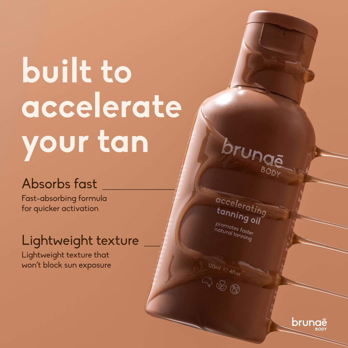 Brunae Body texture drop on hand demonstrating lightweight oil and easy skin absorption