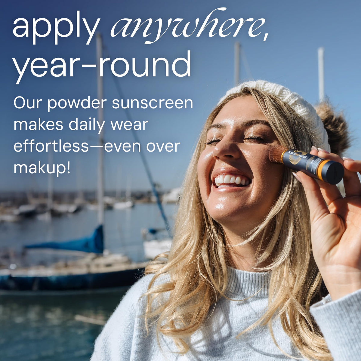 Brush On Block brush in use on cheek offering quick midday protection