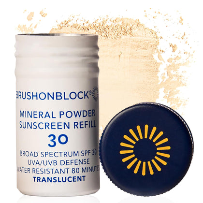 Brush On Block front packaging refill showing translucent SPF 30 benefit