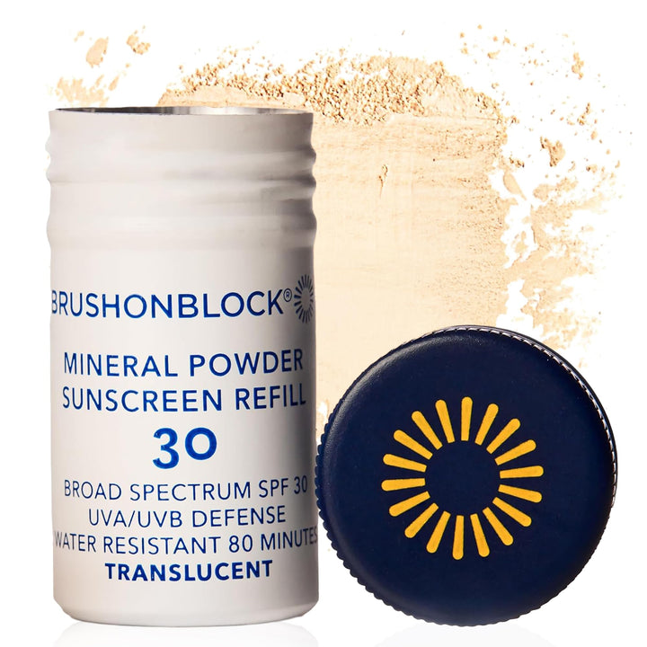 Brush On Block front packaging refill showing translucent SPF 30 benefit