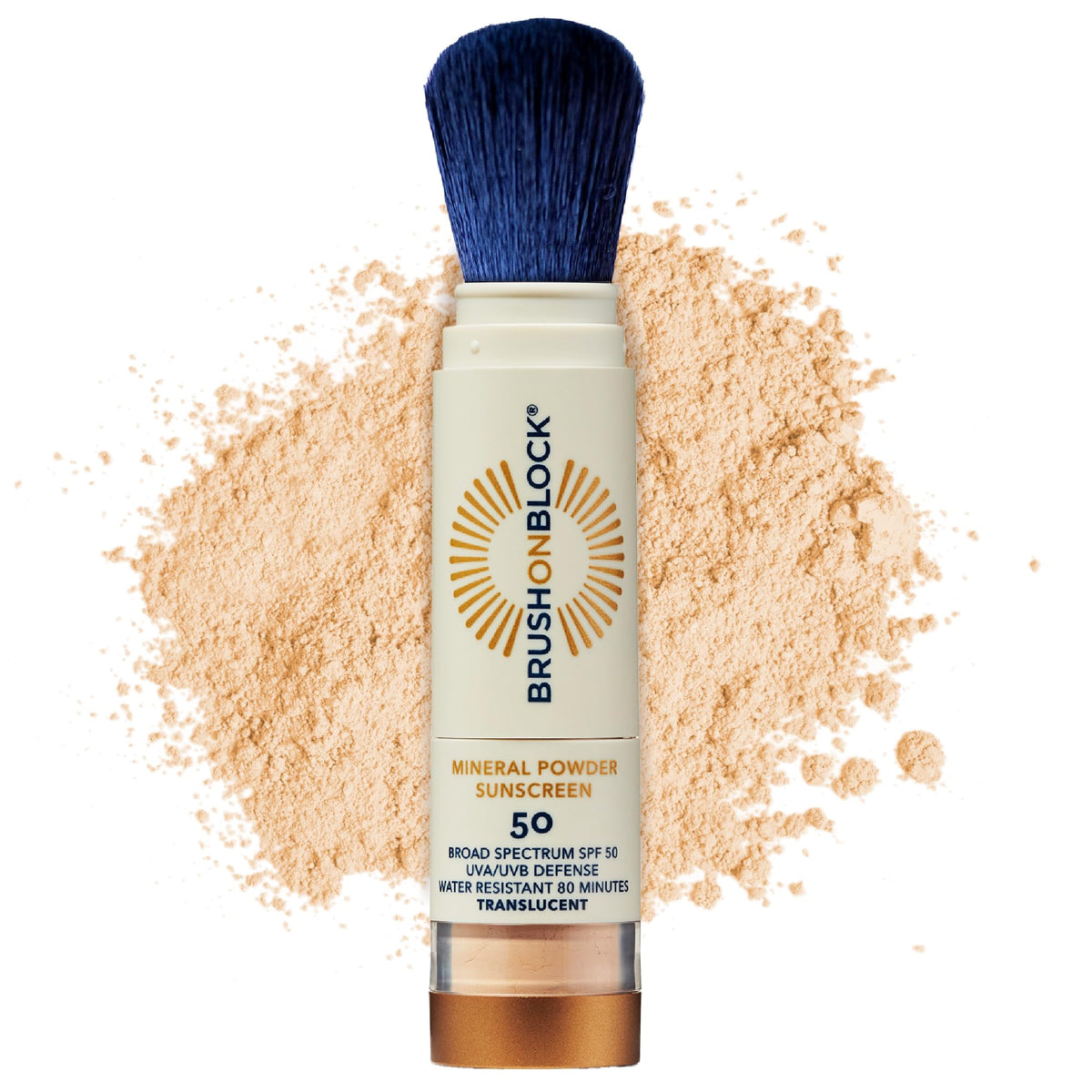 Brush On Block front packaging showing compact brush and SPF 50 benefit