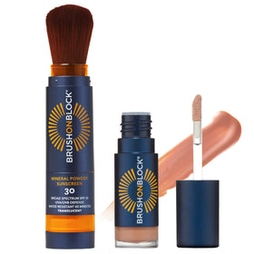 Brush On Block kit front packaging showing compact and lip oil, easy protection