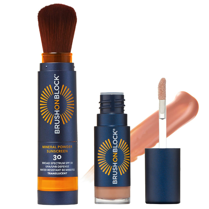Brush On Block kit front packaging showing compact and lip oil, easy protection