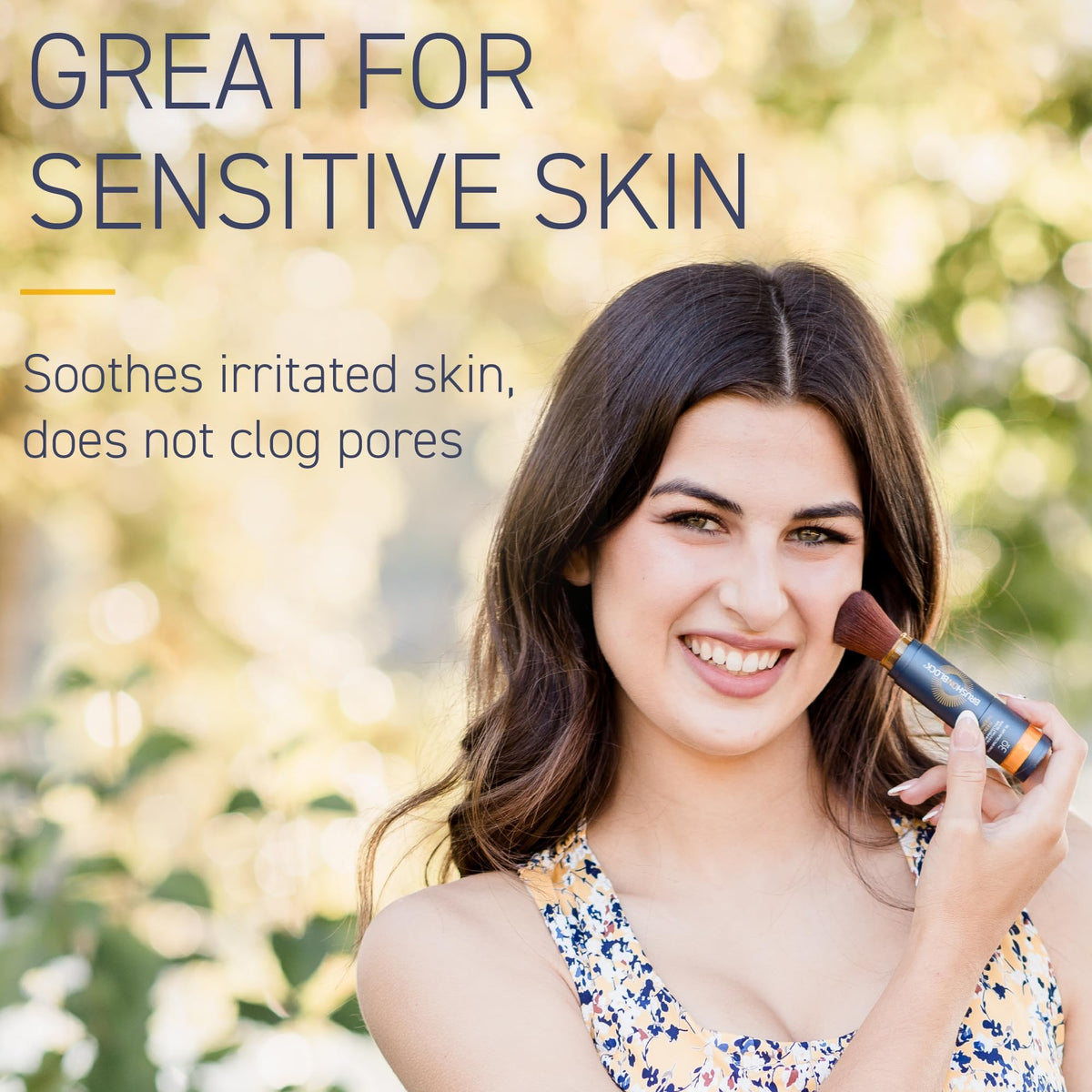 Person applying Brush On Block outdoors emphasizing quick reapplication and water-resistant protection