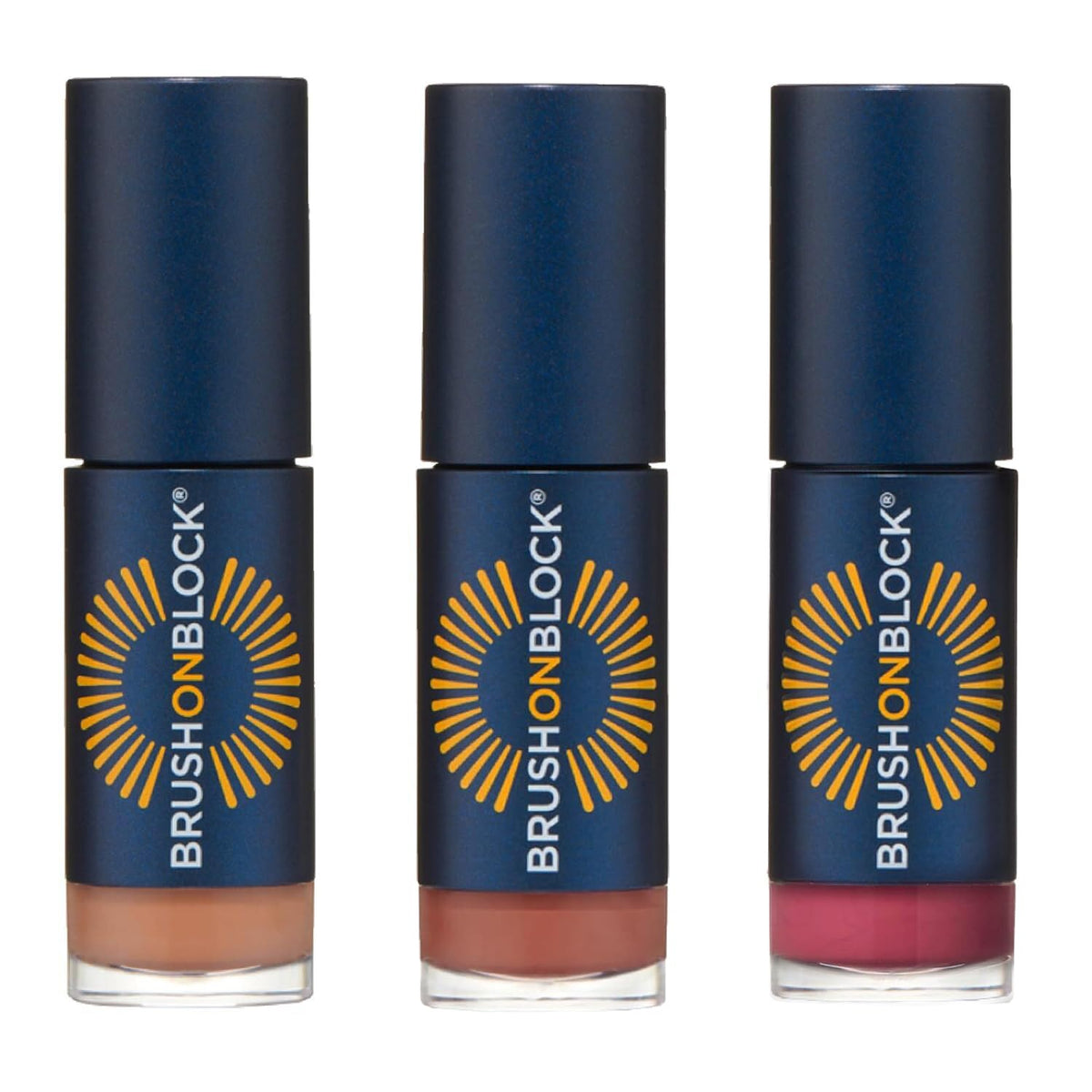 Brush On Block front packaging showing three lip oil tubes and SPF protection benefit