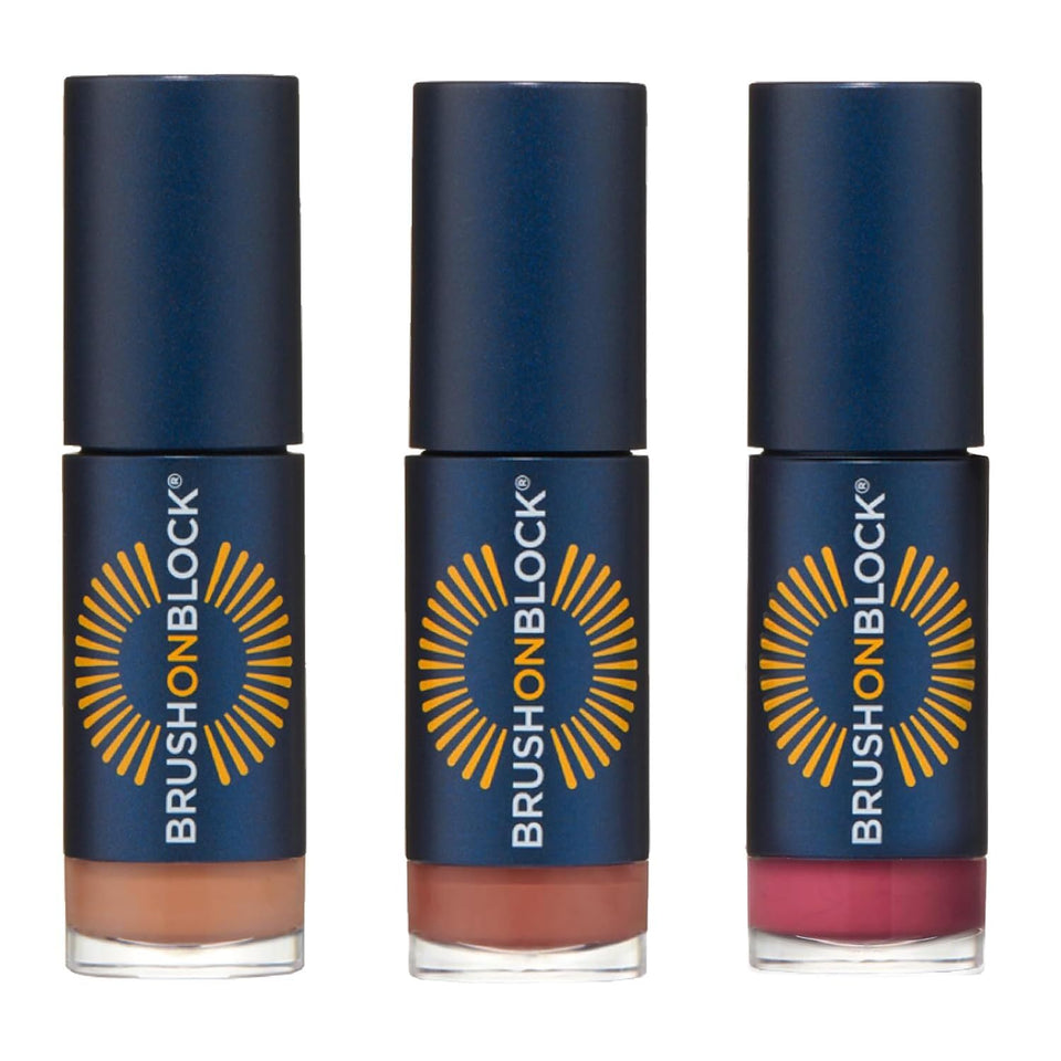 Brush On Block front packaging showing three lip oil tubes and SPF protection benefit