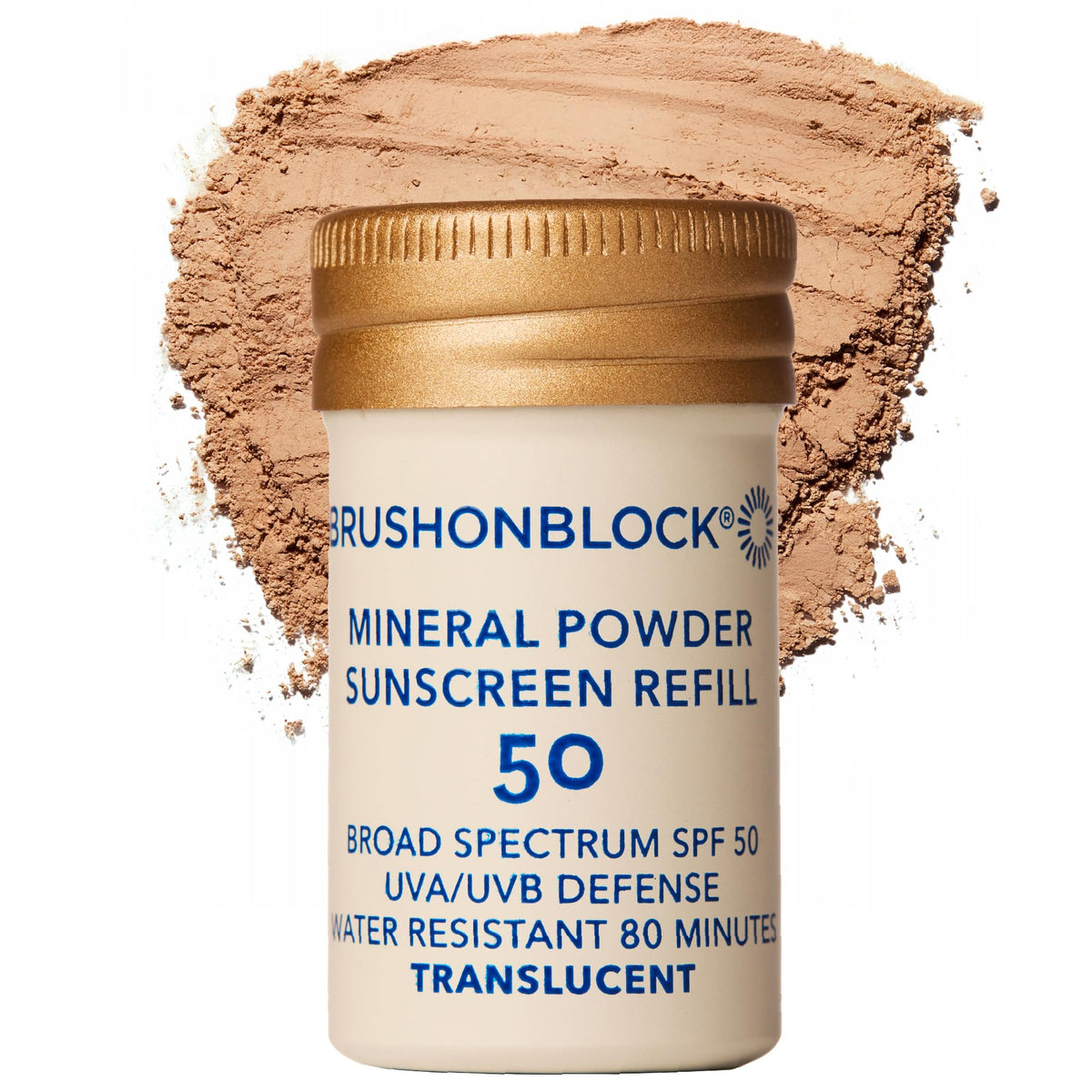 Brush On Block refill pouch front view showing recyclable packaging and easy refill benefit