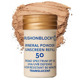 Brush On Block refill pouch front view showing recyclable packaging and easy refill benefit