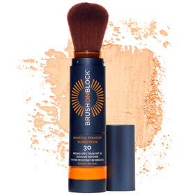 Brush On Block front packaging showing the touch of tan brush and SPF 30 for quick protection