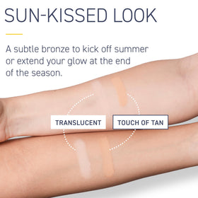 Swatch of Brush On Block Touch of Tan on skin illustrating buildable warm tint and natural finish