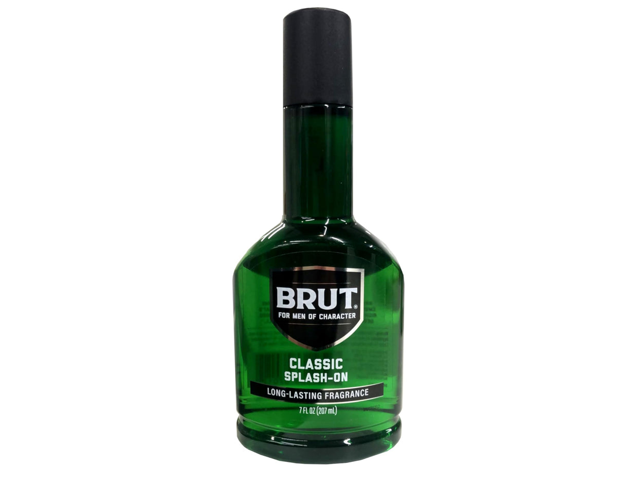 Brut bottle closeup showing pump and easy-use benefit