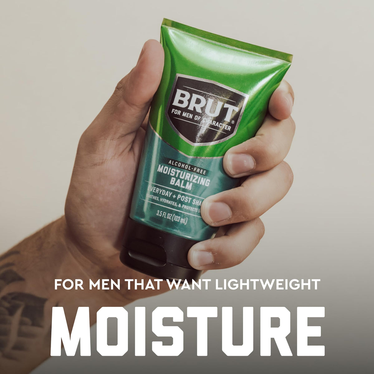 BRUT applying balm to hand showing soothing feel and non-greasy finish