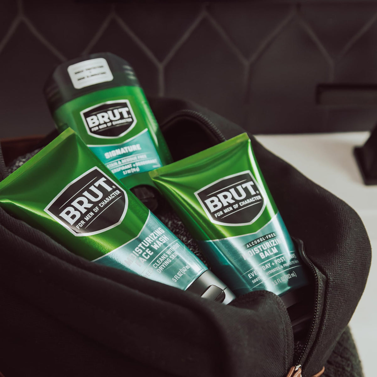 BRUT on bathroom counter in morning routine showing effortless grooming