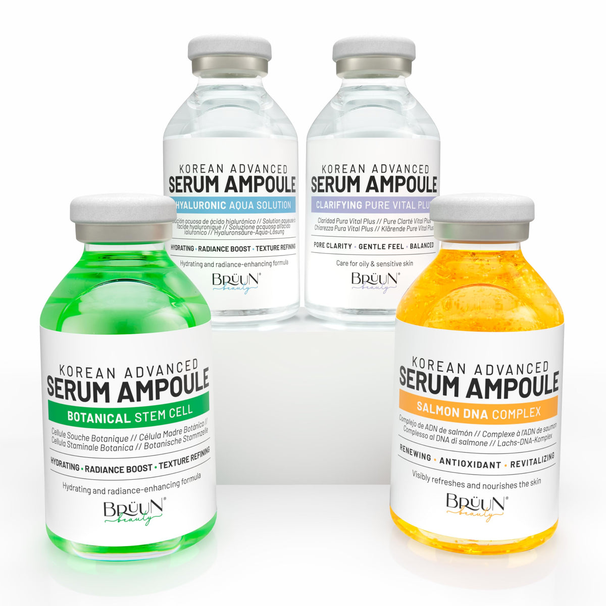 BRÜUN front packaging ampule kit showing four labeled booster vials and benefit of targeted treatment