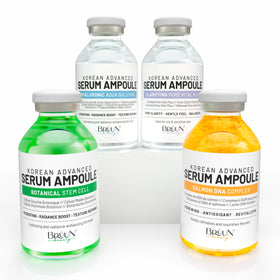 BRÜUN front packaging ampule kit showing four labeled booster vials and benefit of targeted treatment