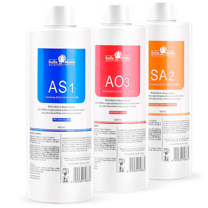 BRÜUN front packaging showing three 400ml bottles for professional hydra facials