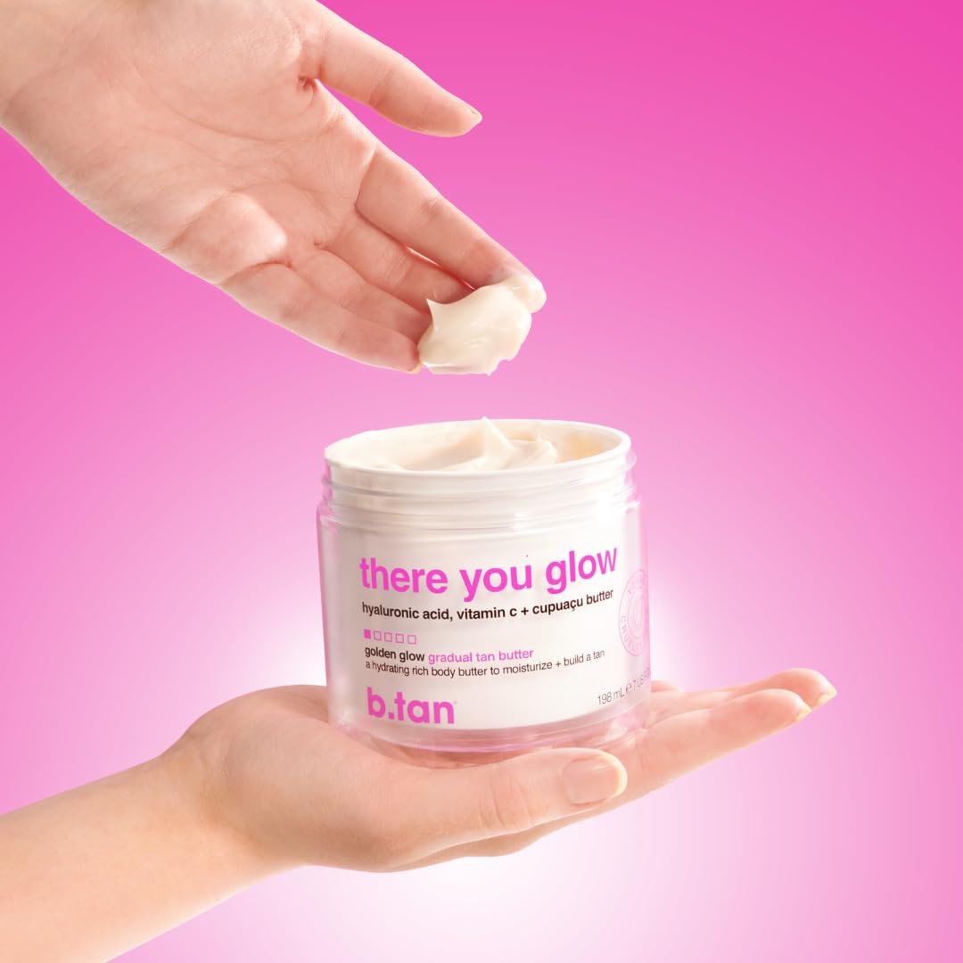 B.TAN product with cupuaçu butter and hyaluronic acid props, highlights nourishing ingredients