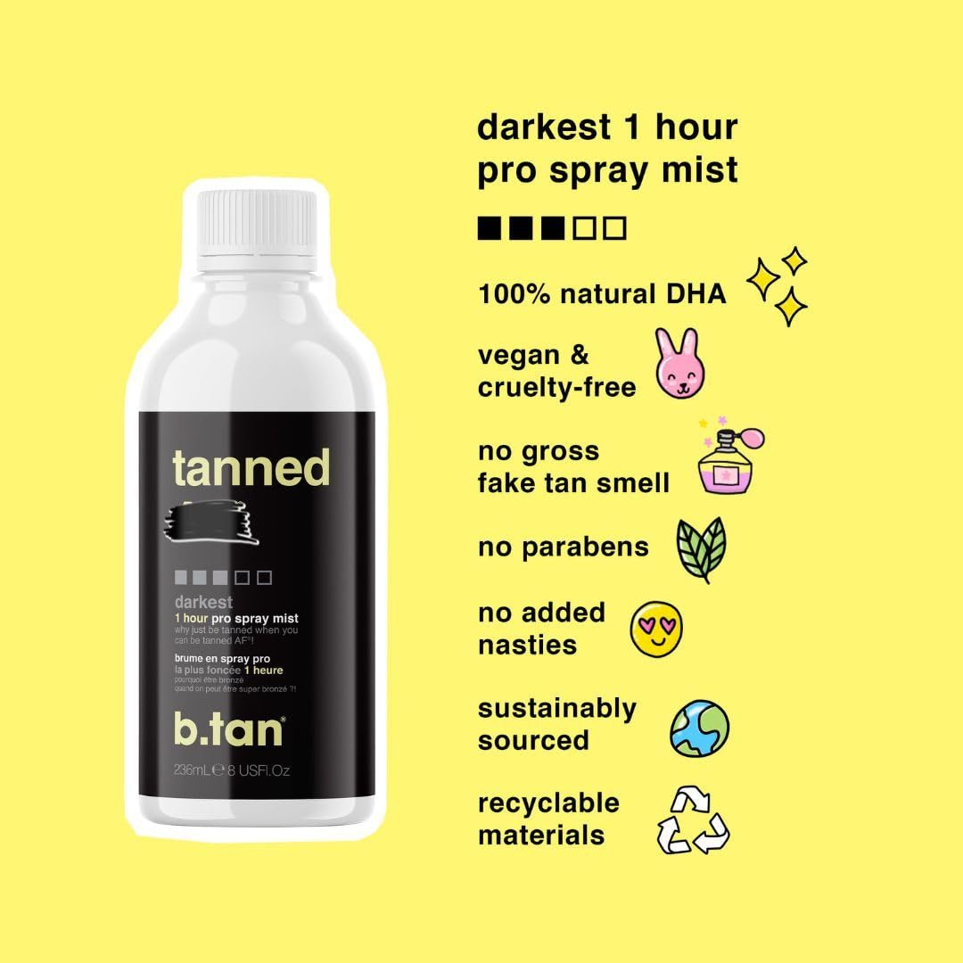 B.TAN full-body spray demo in bathroom showing at-home salon results