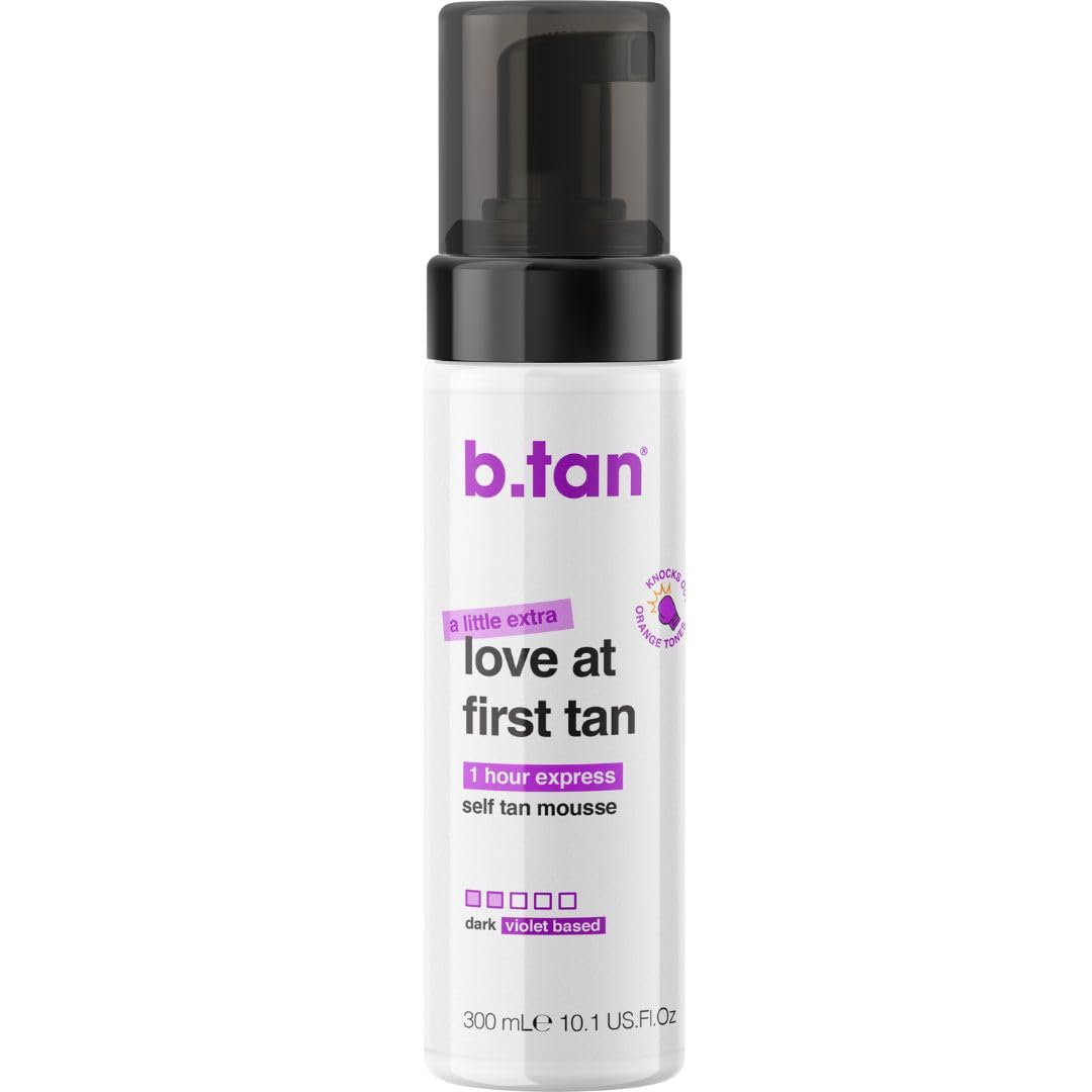 B.TAN front bottle image showing violet-based tan and larger size benefit