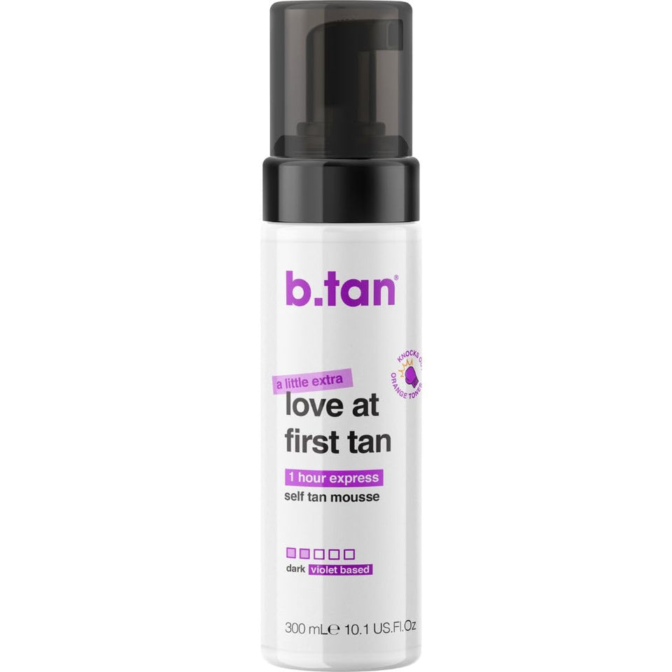 B.TAN front bottle image showing violet-based tan and larger size benefit