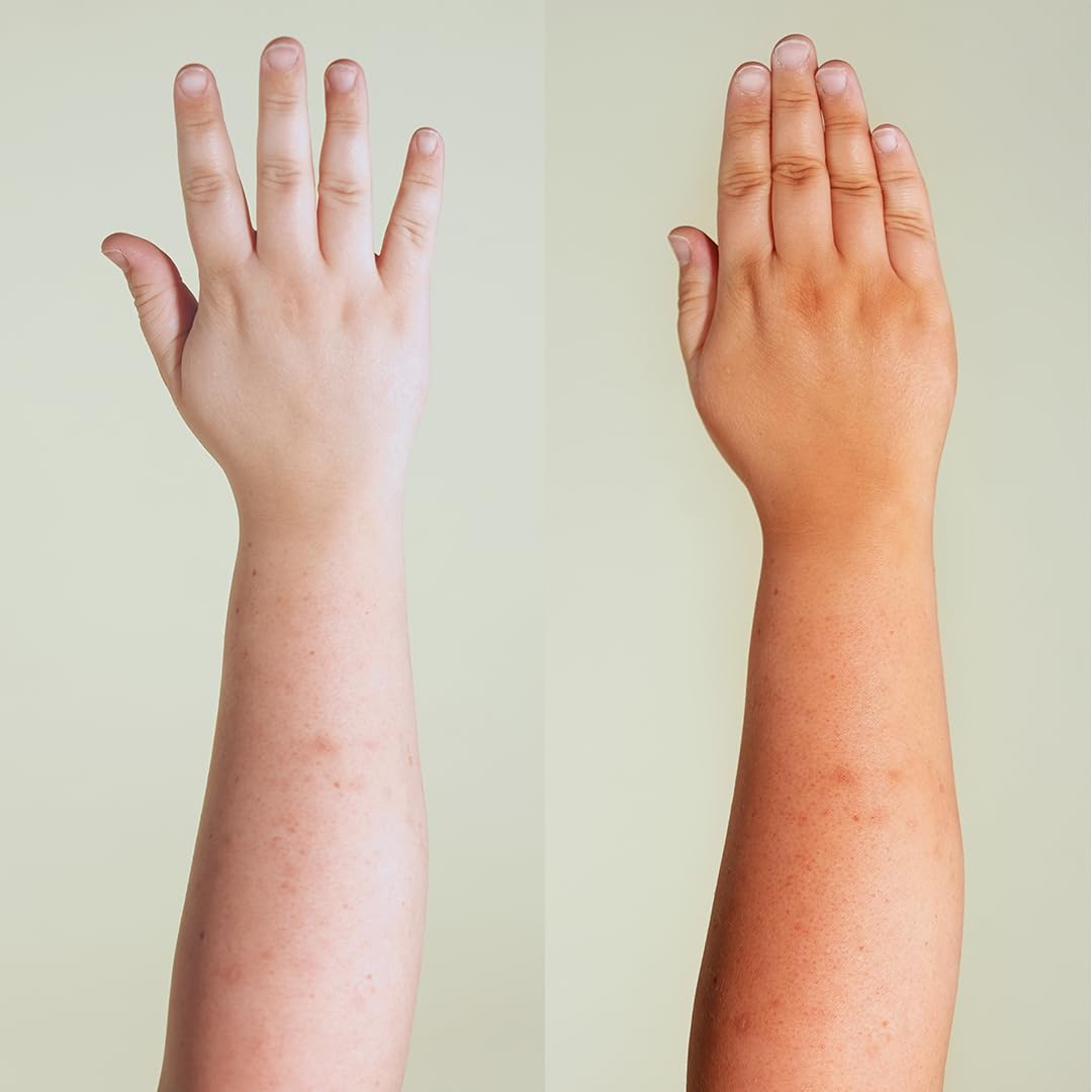 B.TAN bottle next to hand showing product size and easy portability benefit