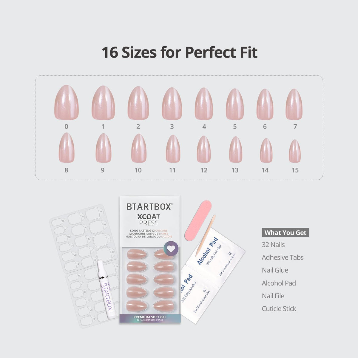 BTArtbox almond kit contents with file, cuticle stick, glue and storage box for complete at-home prep